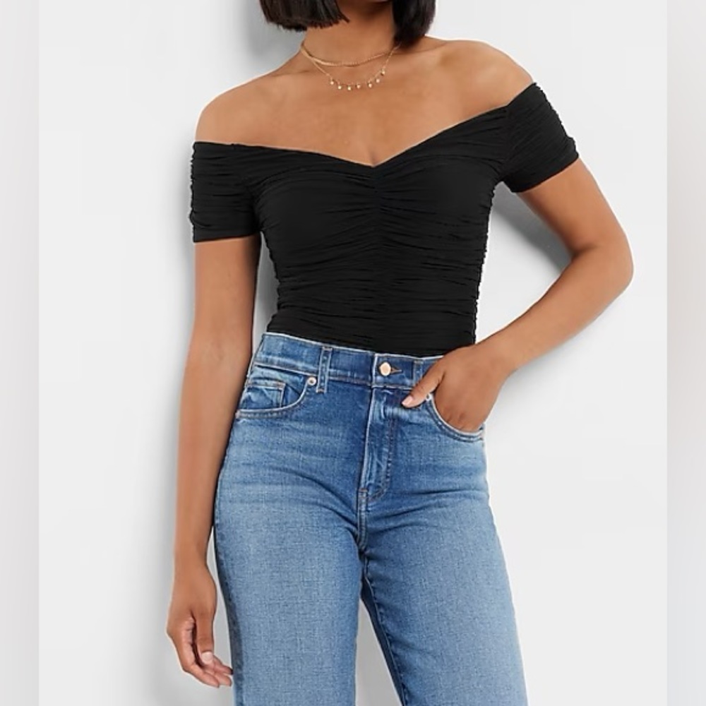 Express Body Contour Mesh Off The Shoulder Thong Bodysuit